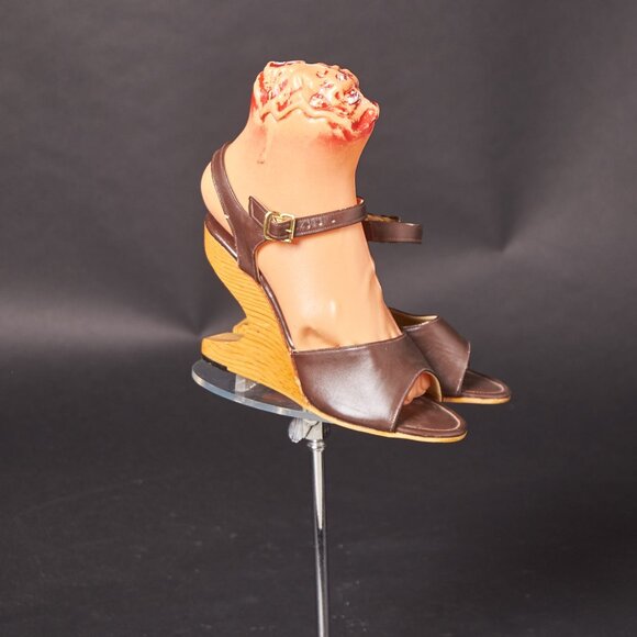 1950s Brown Wood Boomerang Wedge Heels Retro Pin Up - Picture 2 of 6